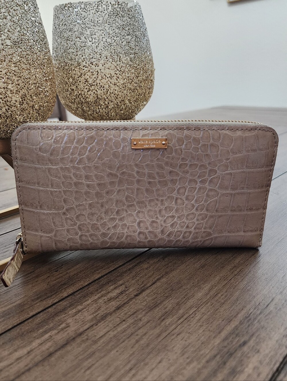Kate Spade Croc-Embossed Zip Wallet - Taupe
